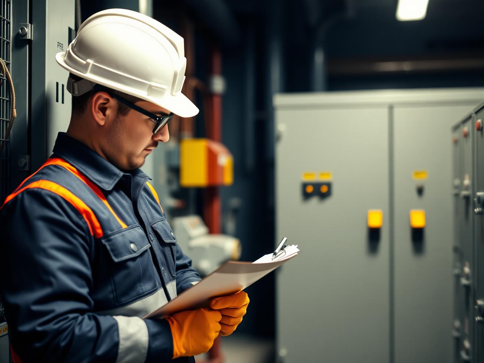Técnico habilitado inspecionando painel elétrico industrial